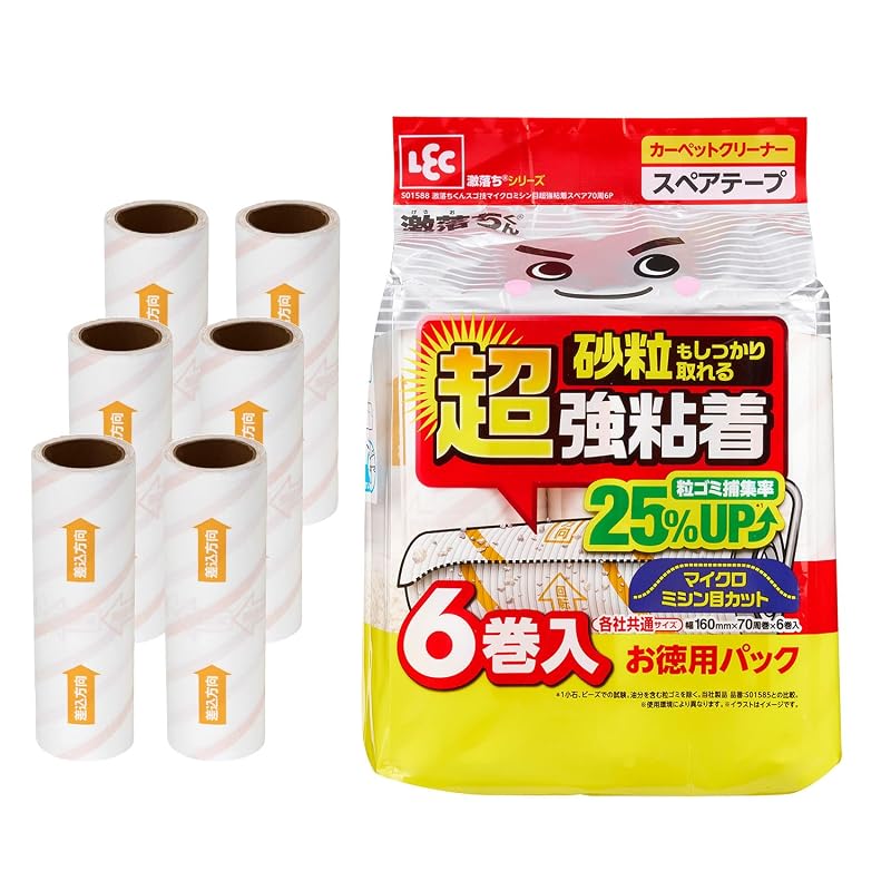 LEC Gekiochi-kun Super Technique Micro-Perforated Cut Ultra-Strong Adhesive Carpet Cleaner Replacement Pads, 70 Turns (6 Pack) / 25% Increased