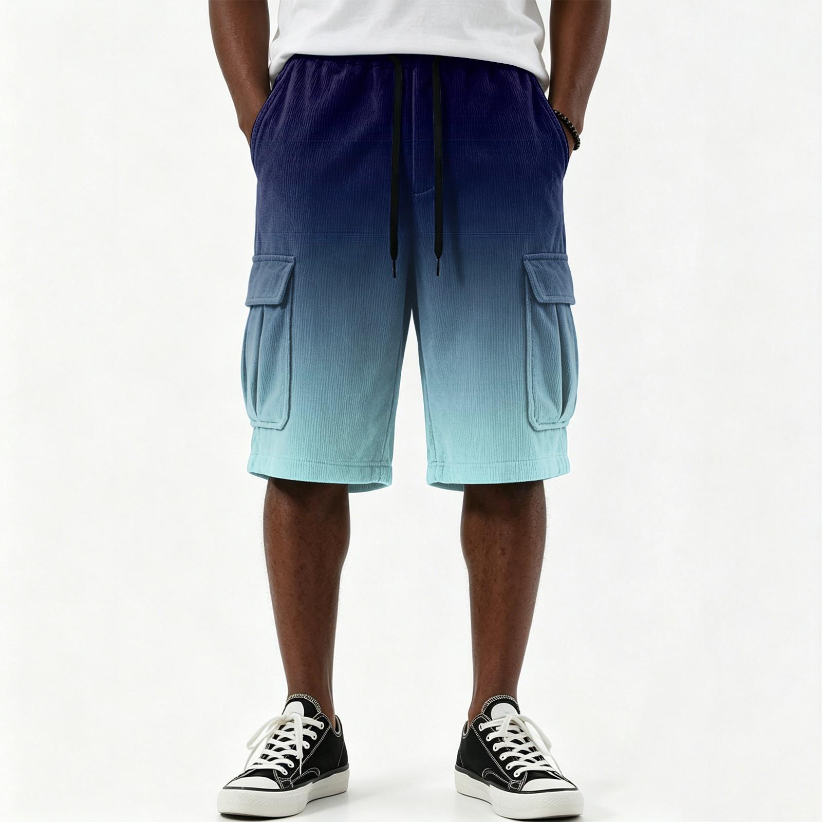 Men s Casual Hawaiian Print Drawstring Cargo Shorts Multi Pocket Knee Length Summer Beachwear Lightweight Breathable Fabric S циан