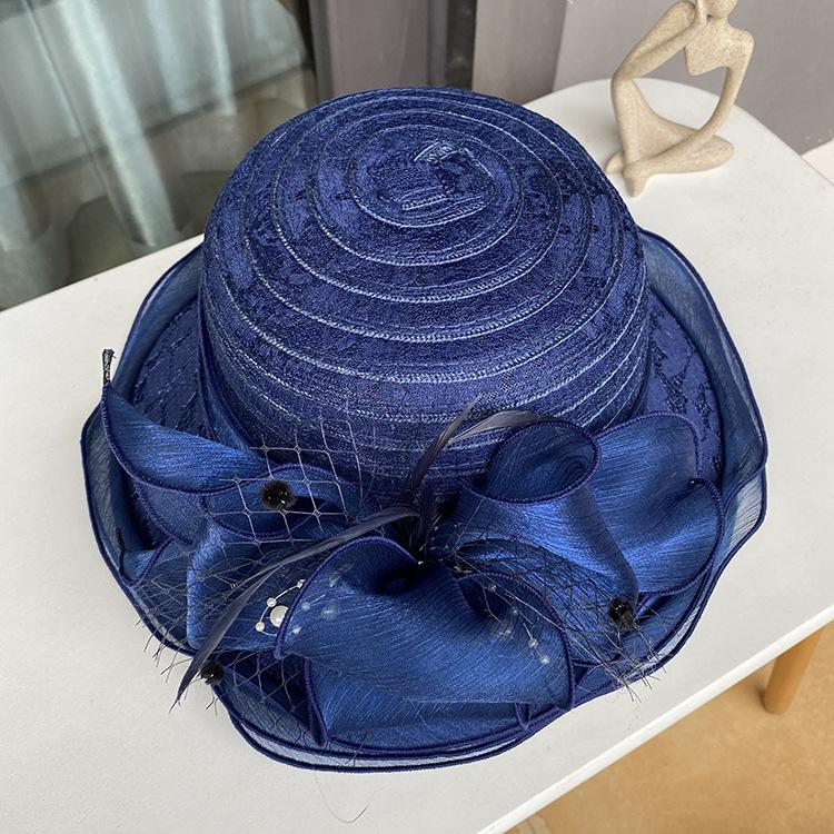 Elegant Sunshade Derby Hat - Breathable Organza Flower Lace Bucket Hat with Imitation Pearl Decorative Accents for Women