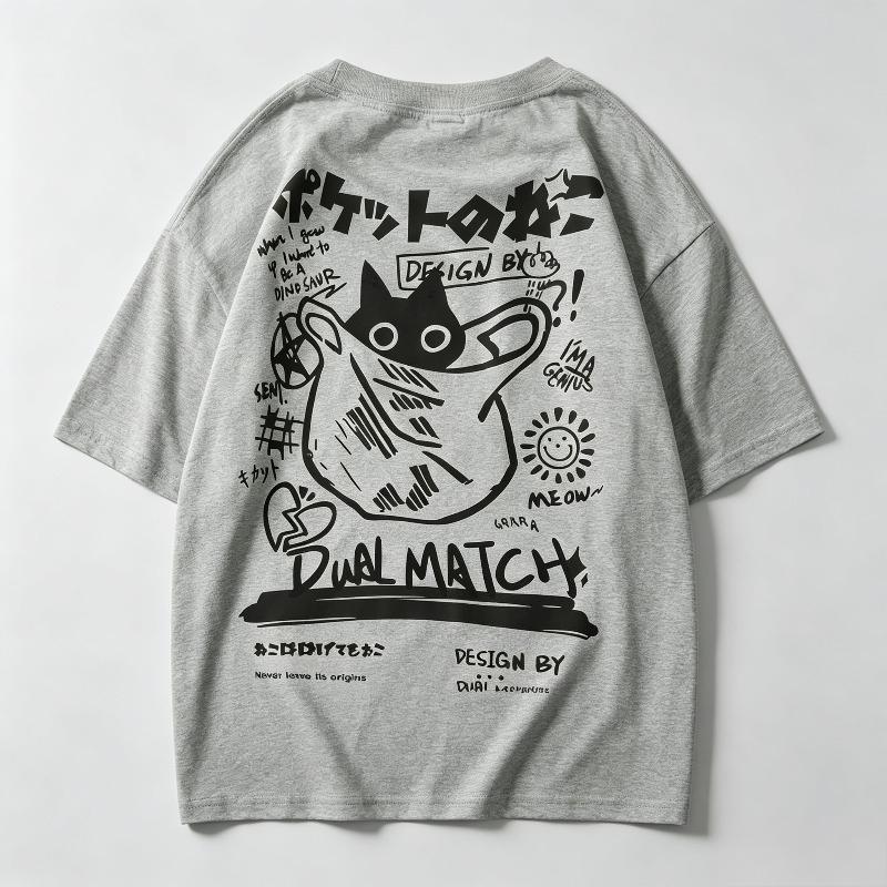 Casual Short Sleeve Tshirt Unisex 100 Pure Cotton Japanese Text Black Cat Dual Match Graphic Oversized Hip Hop Tee
