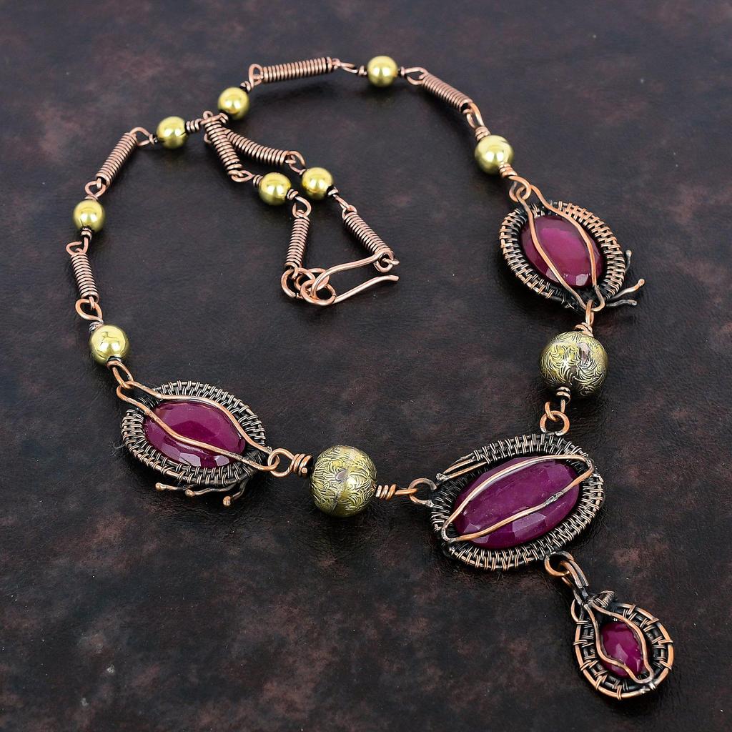 Faceted Kashmir Ruby Necklace Copper Wire Wrapped Adjustable Chain Necklace Designer Copper Jewelry Handmade Gemstone Necklace Gifts For Mom