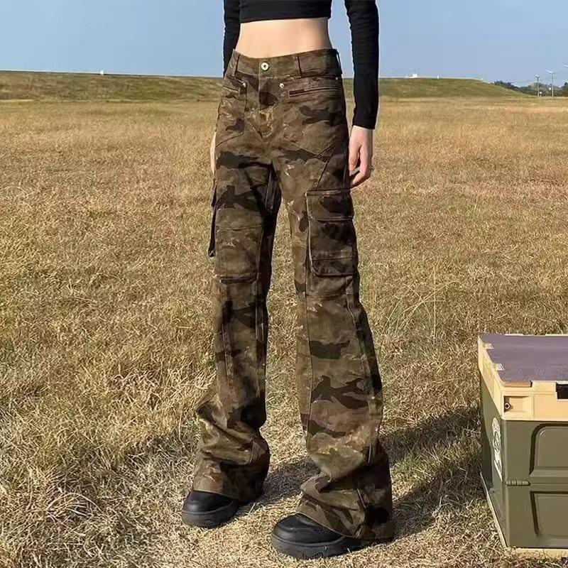 

Жіночі ретро камуфляжні джинси карго з високою посадкою, що облягають, з мікрокльошем та безліччю кишень S: Height 155-165CM (37.5kg-45kg)