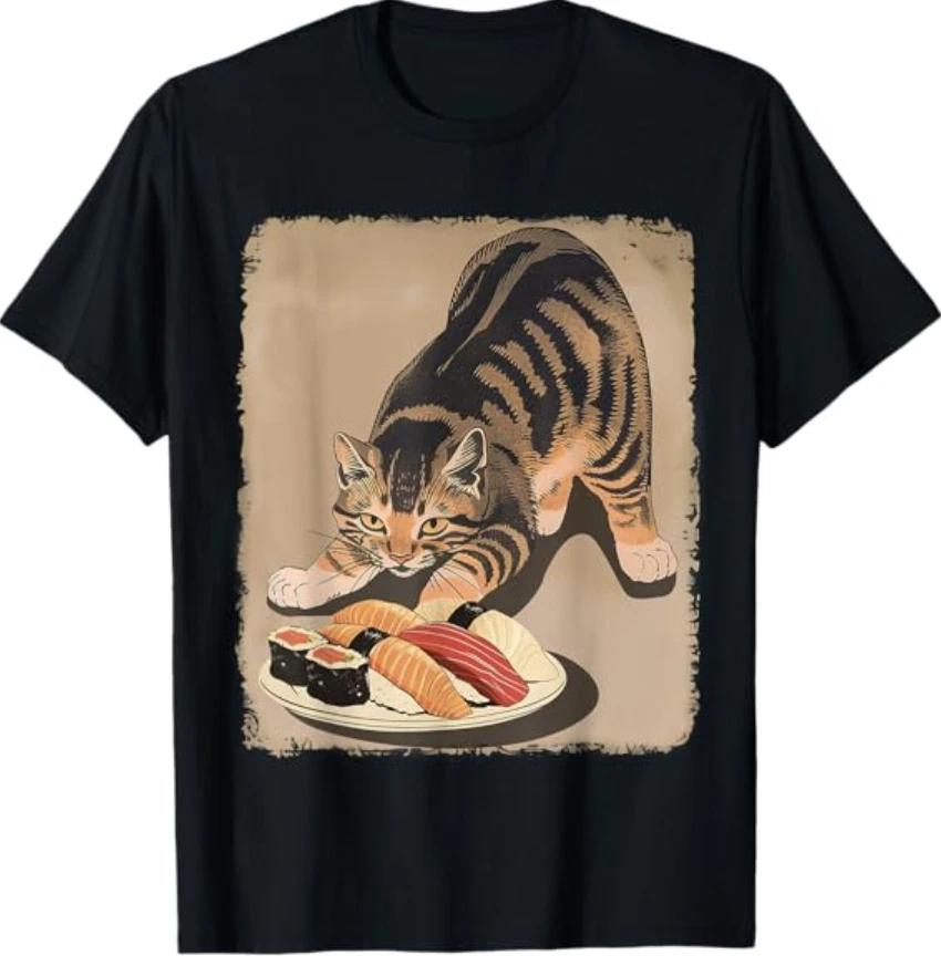 Kawaii Cat Eating Sushi Funny Japanese Anime Cute Cat T-Shirt 3XL