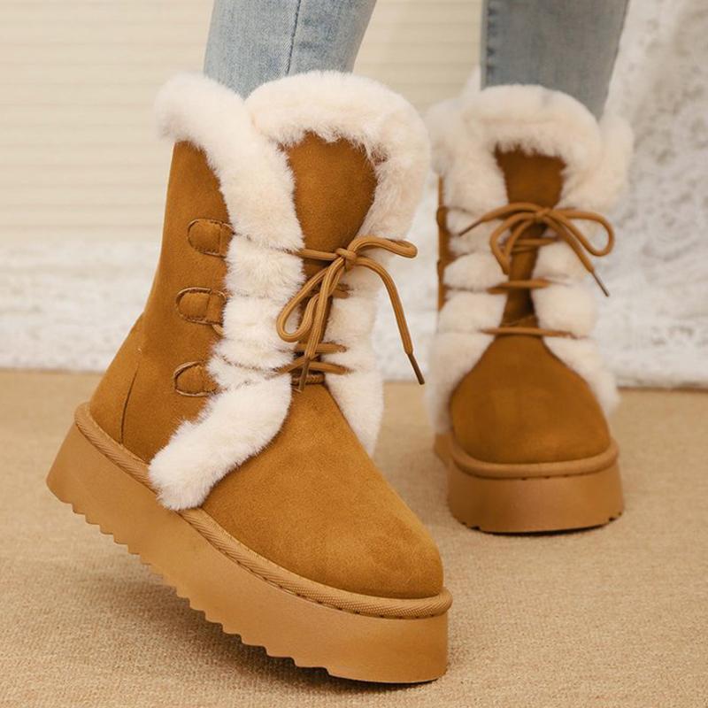 Vintage Furry Warm Snow Boots for Women Winter Platform Anti Slip Snow Boots Woman Faux Suede Lace Up Cotton Shoes Mujer
