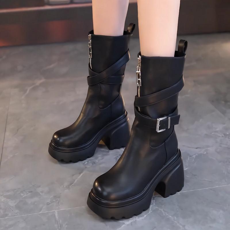 Waterproof table high-heeled short boots autumn and winter new thick-soled fashion boots belt buckle thick-heeled Martin boots