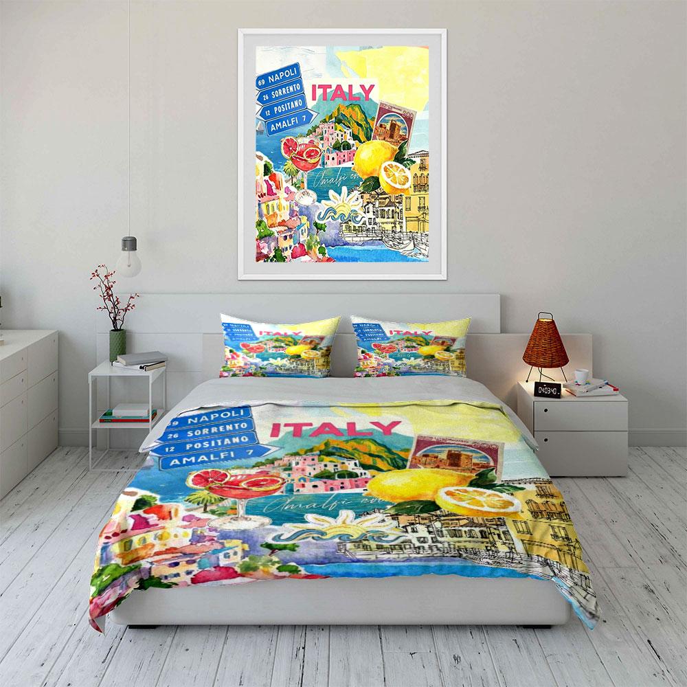Ensemble de literie collage voyage Côte Amalfitaine Italie, Ensemble housse de couette imprimé carte tampon vintage cocktail ville côtière citron, Décoration de maison 3 pièces