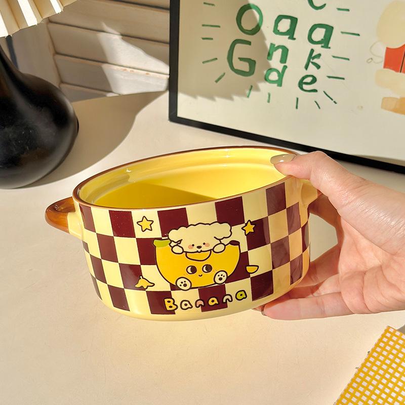 Ins Cream Wind Banana Puppy Binaural Instant Noodle Bowl Student Dormitory Rice Bowl 2025 New Snail Powder Bowl