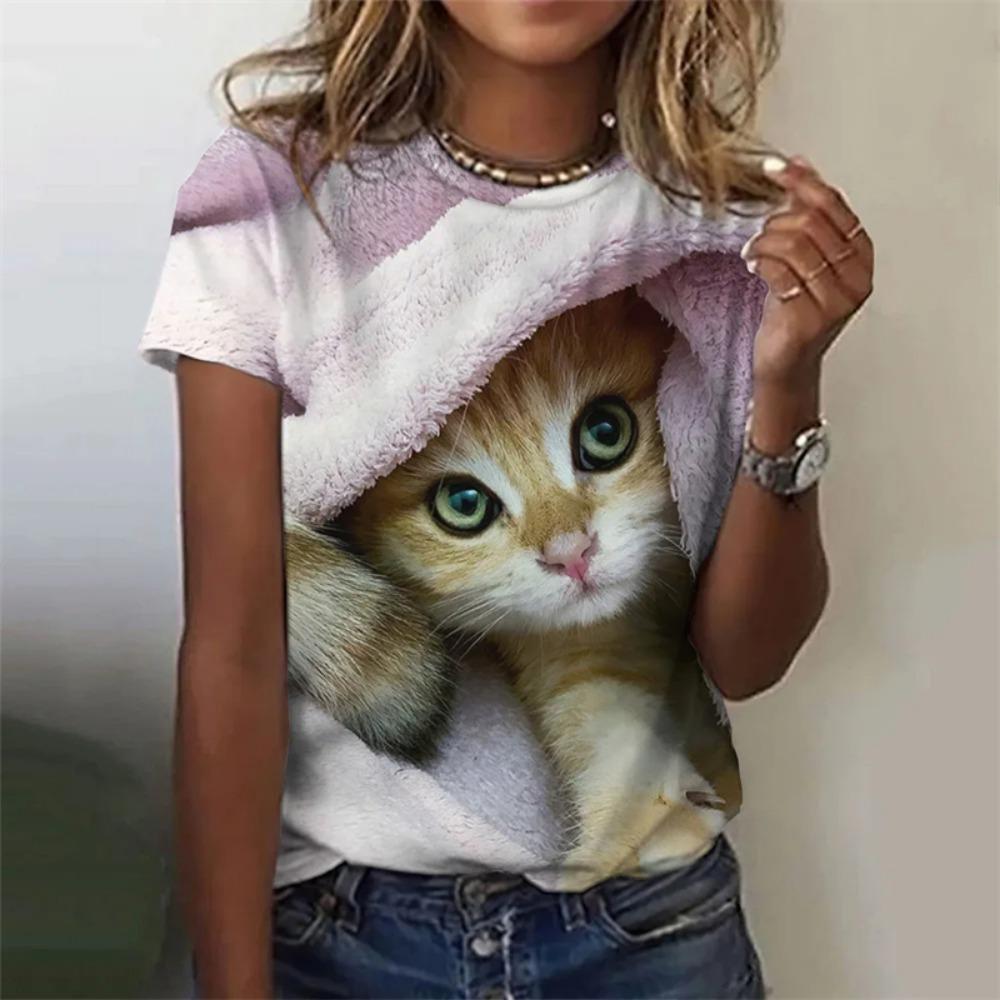 Women's T Shirts Funny 3D Kawaii Cat Print T-Shirts Fashion O-neck Short Sleeve Top Female Y2k Clothing Cute Clothes