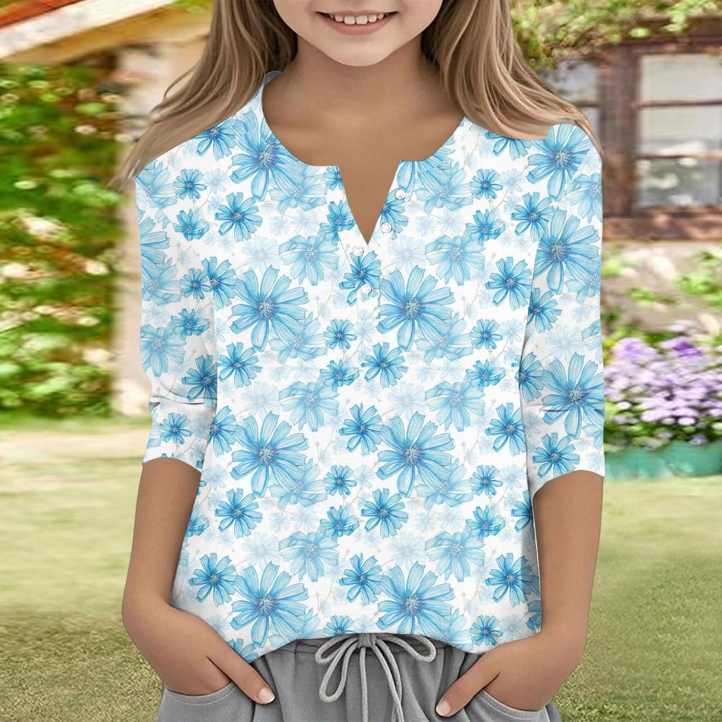 Print Tops For Youth Girls V Neck Button 3/4 Sleeves T-Shirts Trendy Tops Outfit Tees
