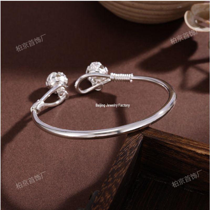 Silver-Plated White Copper Hollow Palace Bell Bracelet - Elegant Retro Open Cuff Bangle, Perfect Gift for Girlfriend, Stylish Niche Design.