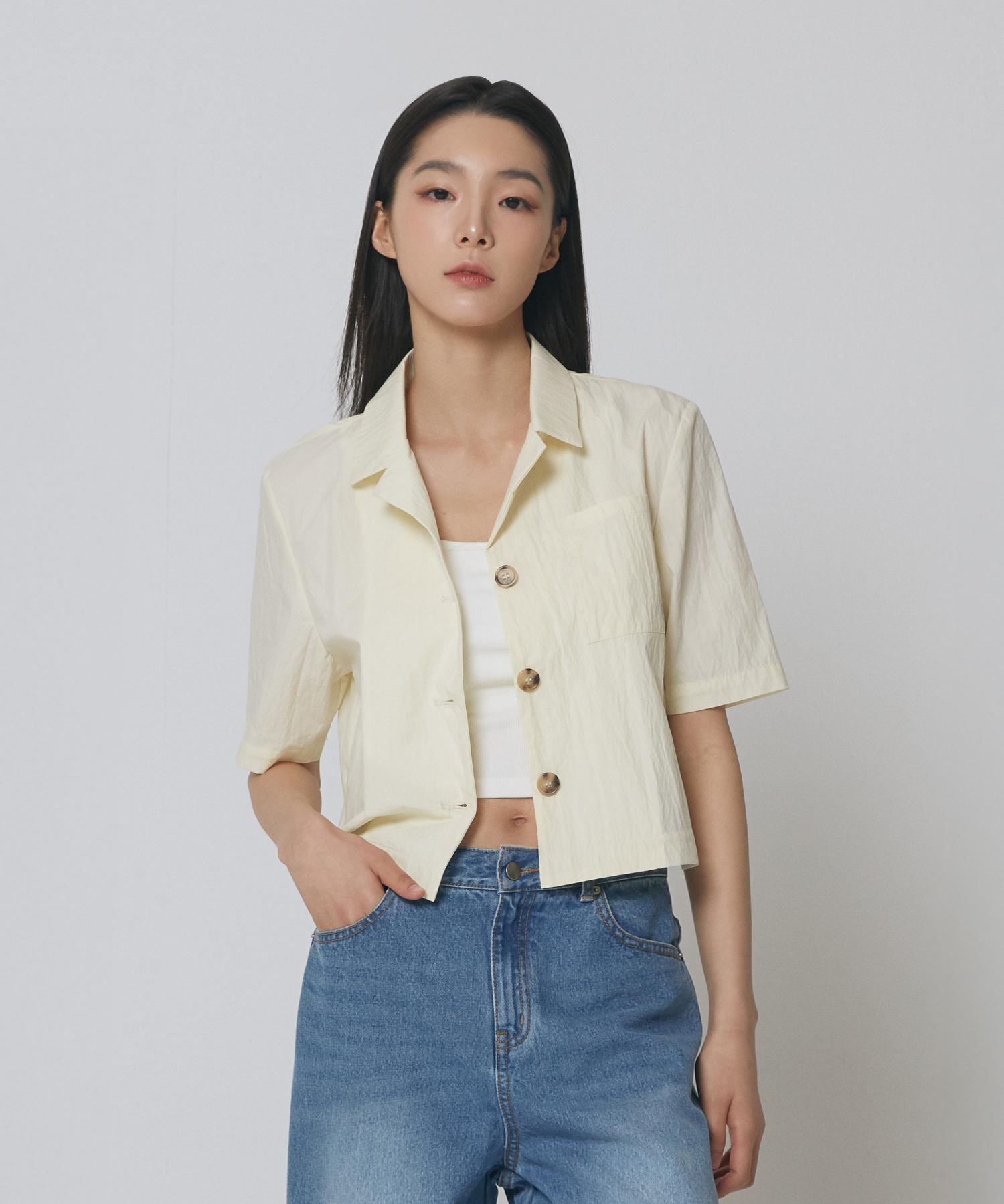 Express Holiday Open Collar Crop Shirt_Ivory Sky Blue/S