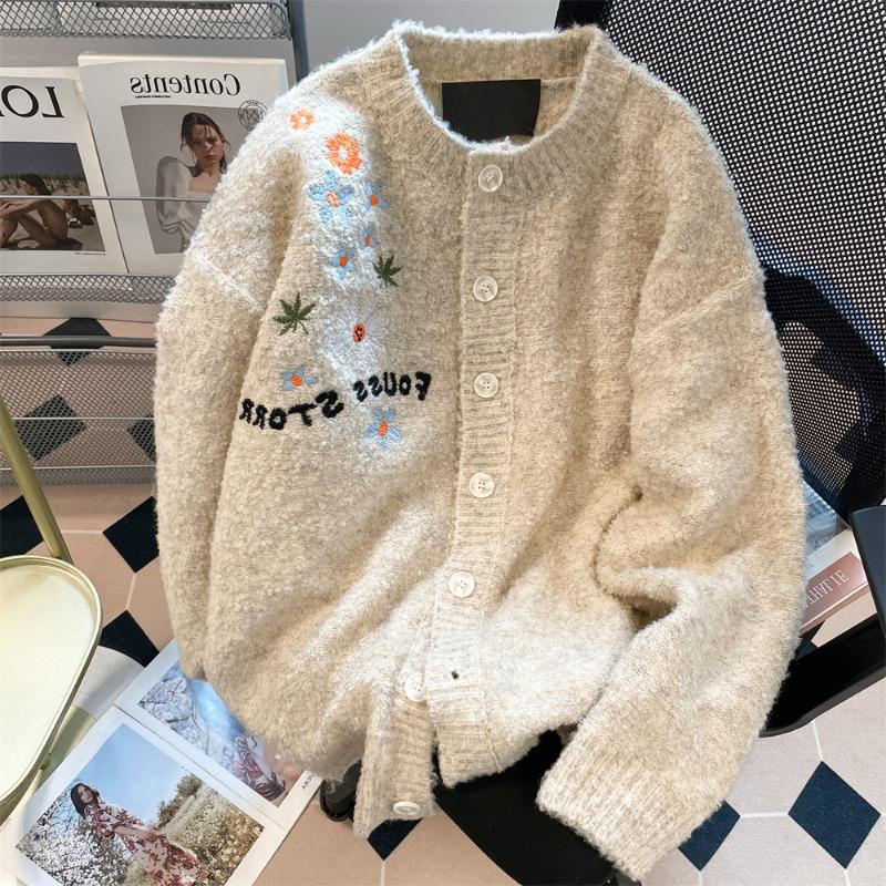 

Женский кардиган с вышивкой цветов, трикотажный свитер на одной пуговице со стойкой, новый, женский, американский, модный, осенний топ one size абрикосовый