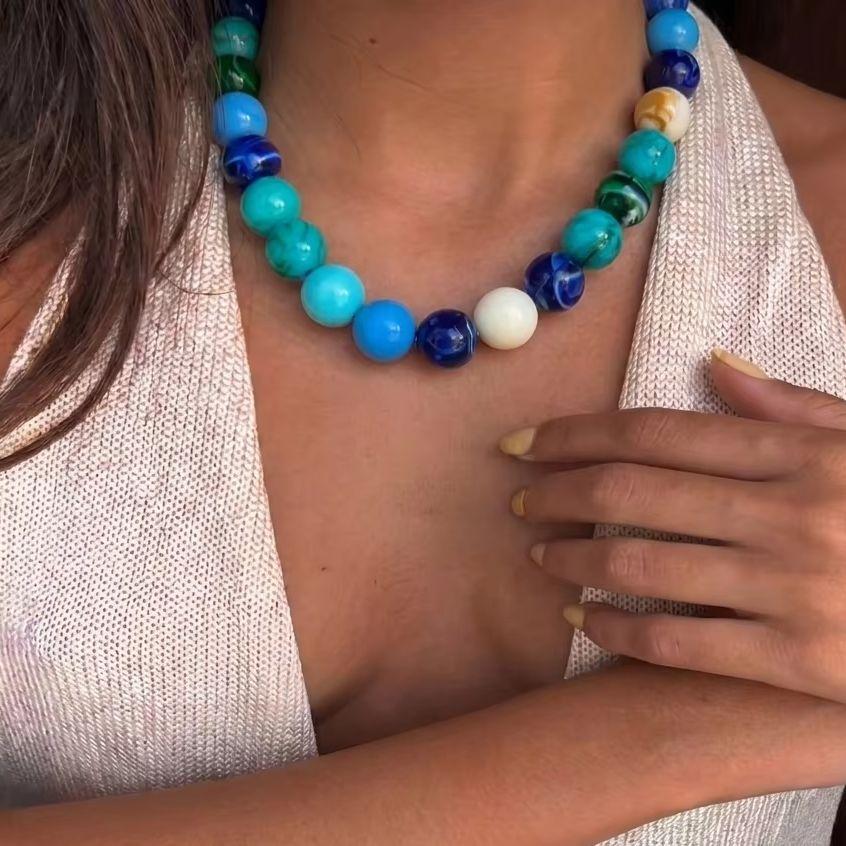 Exaggerated Colorful Chunky Beads Necklaces for Women Men Handmade Round Resin Beaded Chain Choker Statement Charms Jewelry