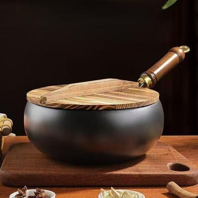 Nonstick Wok Frying Pan Wooden Handle Induction Cooker Boiling No Coating Gas Chinese Wok Flat Bottom for Kitchen Camping