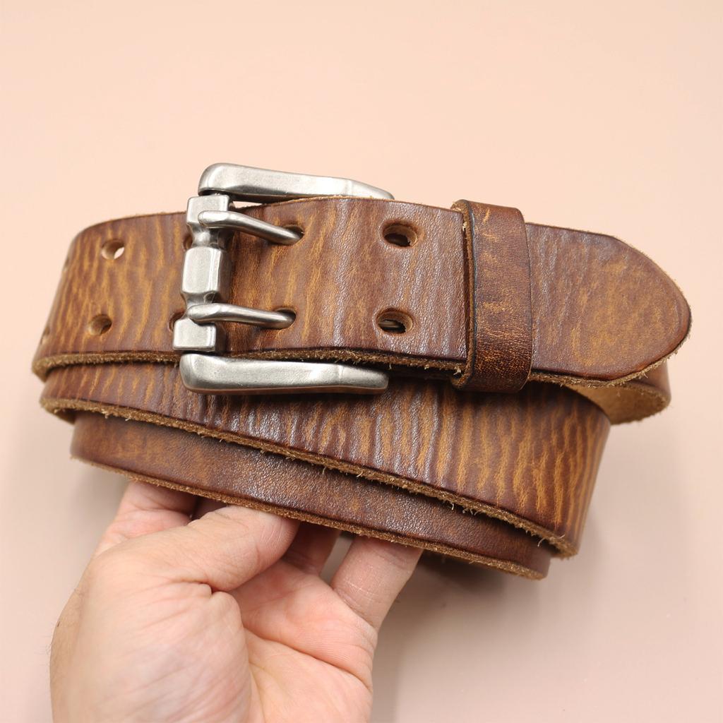 3.8Cm Wide Retro Water Shampoo Layer Pure Cowhide Belt Men'S Genuine Leather Trend Double Needle Women'S Casual Belt