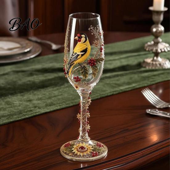 Bird Pattern Juice Glass Hand-painted Wine Glass, And Floral Design Stem Goblet, Artistic Water Goblets Crystal Borosilicate Goblet for Red