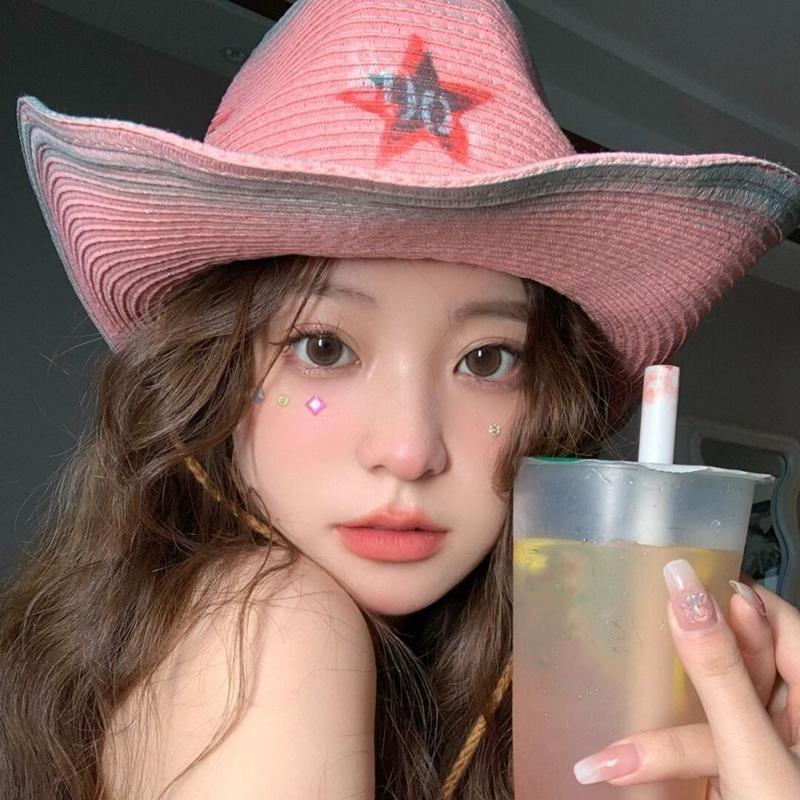 Pink Hottie Girl Western Cowboy Hat Vintage Straw Hat Sun Protection Beach Seaside Visor Pirate Hat