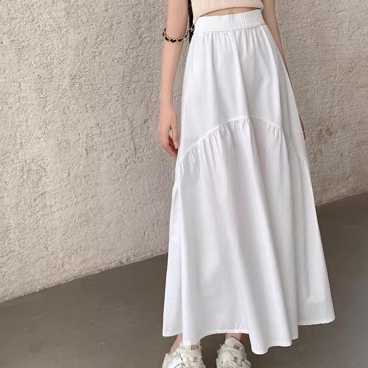 Petite 2023 Summer Korean Pleated Elastic Waist Long Skirt