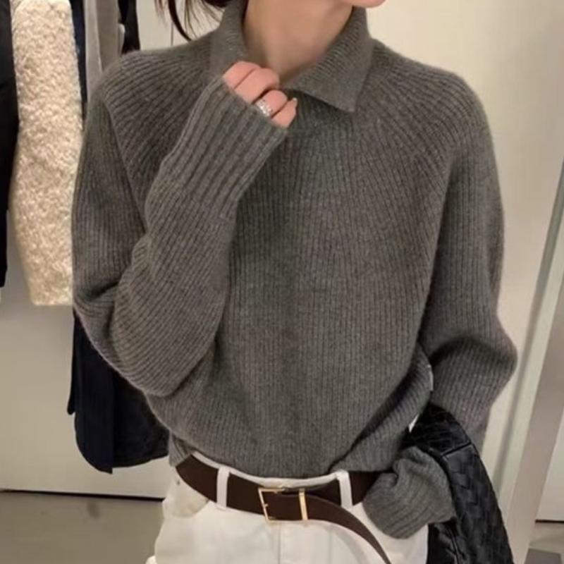 Women's Autumn & Winter Korean Style Exquisite Small Lapel Minimalist Versatile Sweater Loose Slim-Fit Knit Top Thick Base Layer