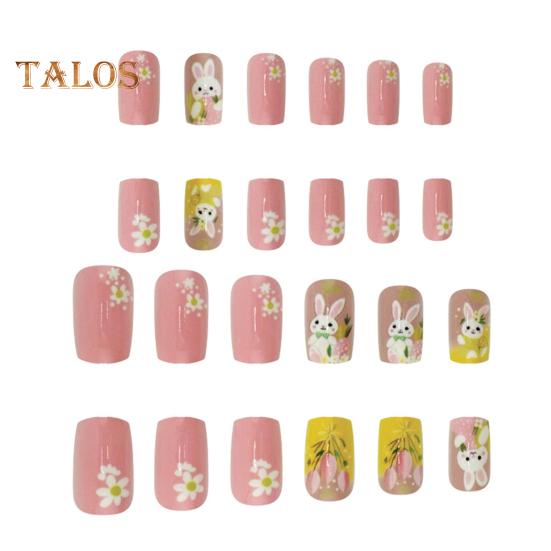 

24 шт. пасхальных синих накладных ногтей с полным покрытием, акриловые накладные ногти, короткие квадратные цветы в форме кролика, наклеиваемые на ногти для маникюра своими руками D