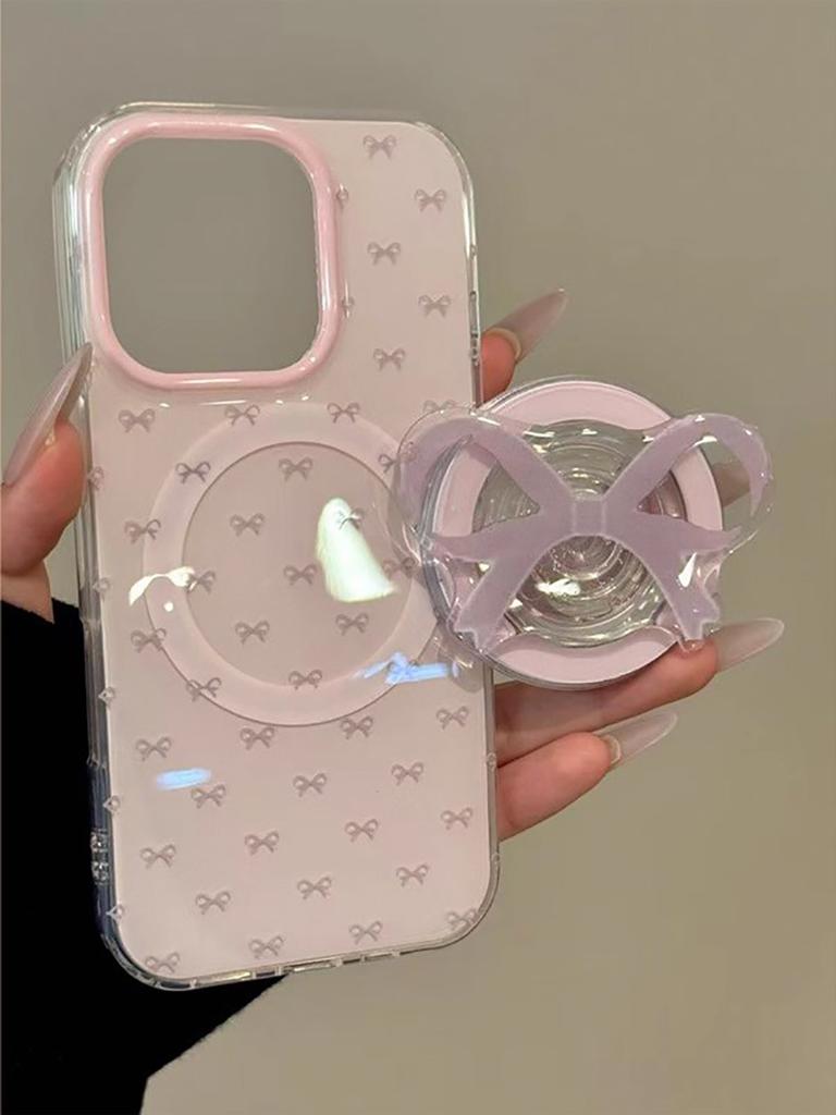 Cute Pink Bowknot Bow Magnetic Grip Tok Wireless Charge Phone Case for iPhone 16 15 14 13 17 Pro Max For Magsafe Holder Cover