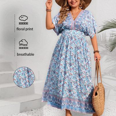 Women's Full-size Dress Print Short-sleeved V-neck Long Dress