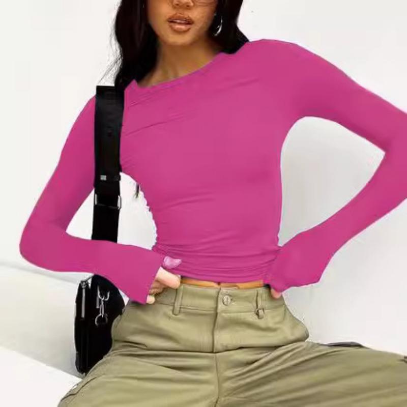 Solid Color Casual Round Neck Long Sleeved T-shirt Top