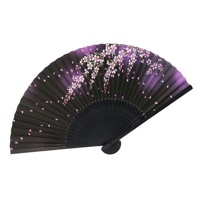 Kimono Scented Folding Fan with Black Dyed Medium Carving and Weeping Cherry Blossom Design [Stylish Iroha] Women's