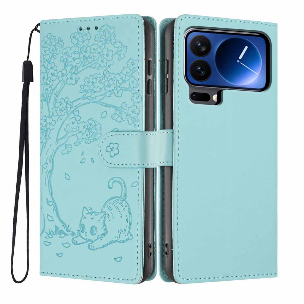 For Xiaomi 17 Pro Max Stand Case Tree-and-Cat Pattern PU Leather Wallet Protective Phone Cover with Wrist Strap
