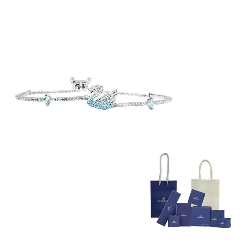 Swarovski Swan Rhodium plated Bangles Womens Blue F-Branded gift bag
