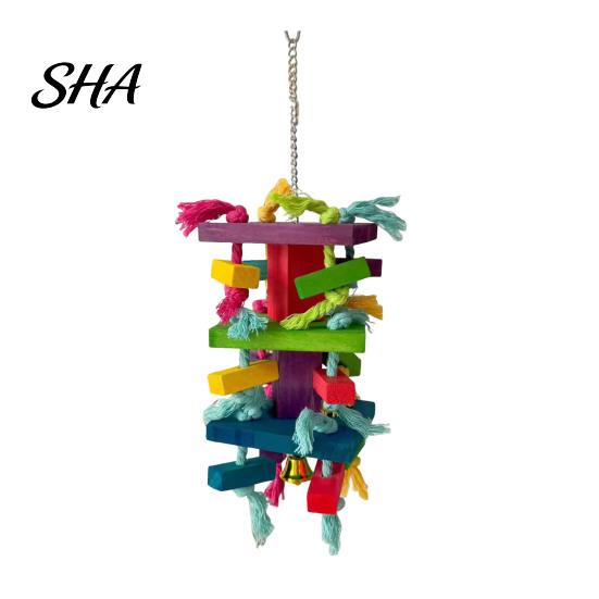 Parrot Chew Toy Chewing for Macaws African Greys, Colorful Wooden Block Puzzle with Food-grade Bird Cotton Tassels, Hanging Interactive Activity Cage,