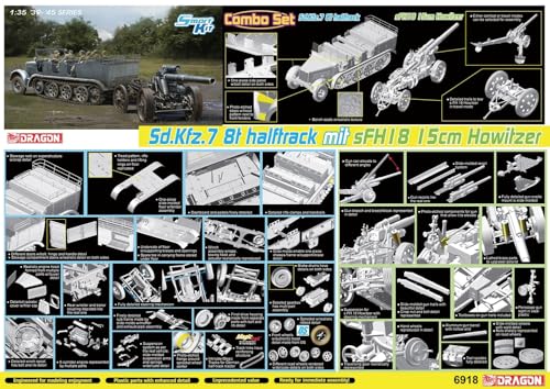 Platz Dragon 1/35 WWII German Sd.Kfz.7 8-ton Half-Track & S.FH18 Howitzer Plastic Model Kit DR6918 (Military Vehicle)