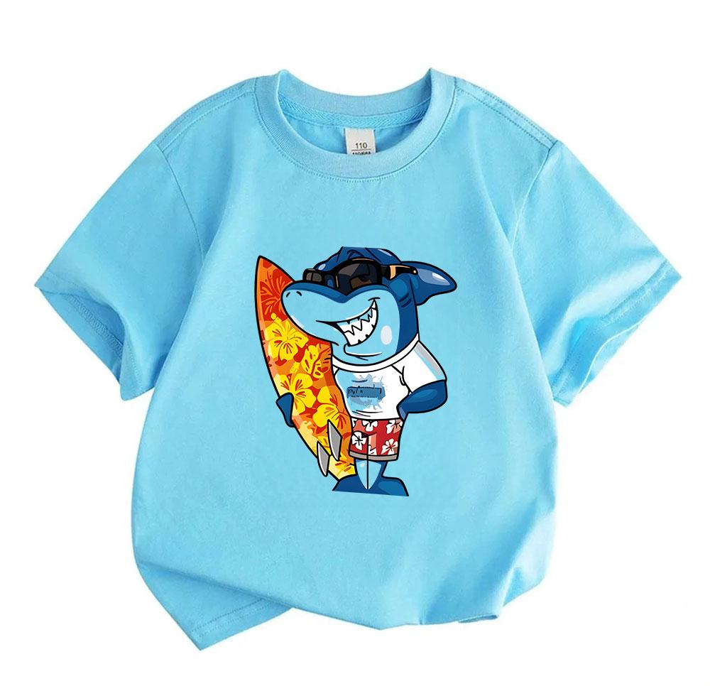 Kids Boys Girls 100% Cotton Crew Neck Short Sleeve T-Shirt, Cool Surfing Shark Cartoon Printed Casual Soft Breathable Summer Top for Children Daily We