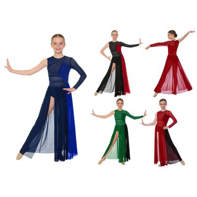 Rochie de concurs de dans pentru fete copii: Patchwork Bloc de Culori Plas cu Decupaj Lateral Strălucitor cu Strass-uri și Fermoar Invizibil la Spate pentru Spectacol Liric