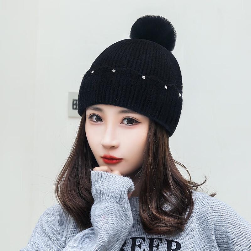 ZHENYUEQI Women s Rhinestone Pom-pom Beanie One Size