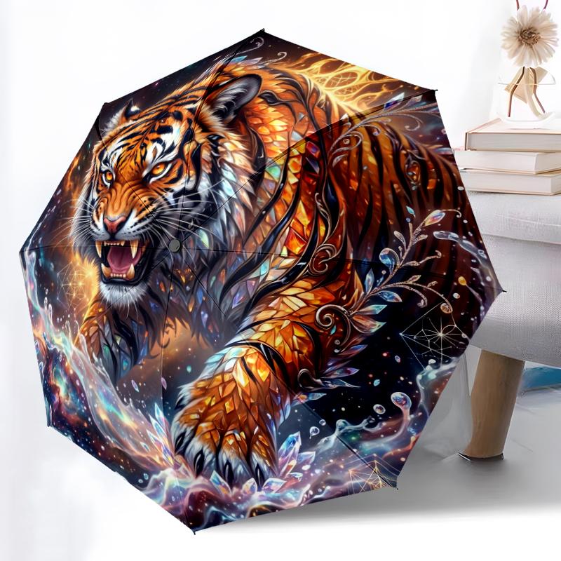 1pc Sturdy 8-Bone Auto Umbrella, Stylish Tiger Umbrella, Digital Printed, Foldable Umbrella for On-the-Go Outdoor Use