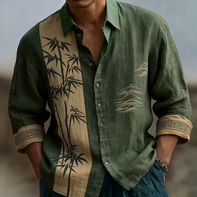 Men's Artistic Wildflower Herbal Long Sleeve Shirt in Rice White Same Color Plant Printed Collar Casual Shirt