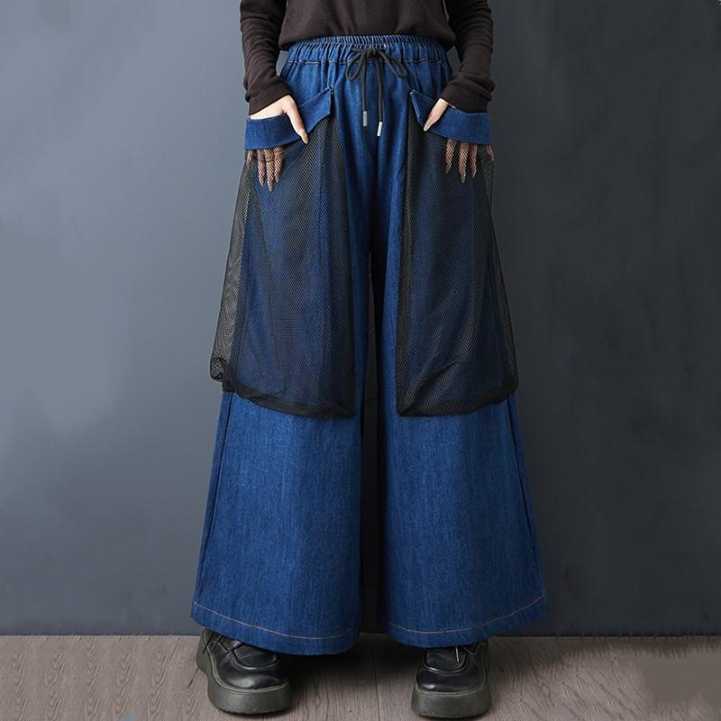 

большой размер винтажный пэчворк высокая талия повседневные свободные женские весенне-осенние джинсы деним широкие брюки синий