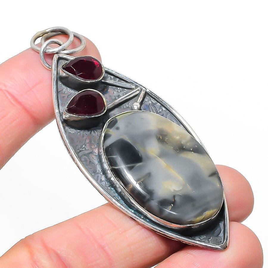 Natural Maligano Jasper, Garnet 925 Sterling Silver Jewelry Pendant 3.03 AP-14540