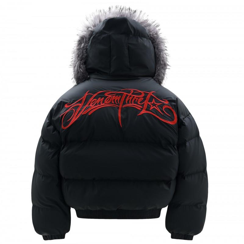 Mens Oversized Winter Puffer Jacket With Detachable Faux Fur Collar Embroidered Streetwear Style