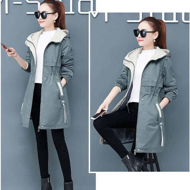 Autumn and Winter Plus Velvet Mid-length Overcoat Women's Slim  All-match Hooded Parka Jacket Female Flocking Trench Coat