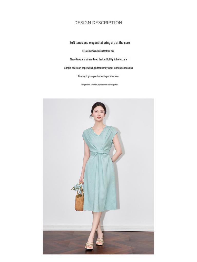 Light Luxury French Slimming Irregular Ruched Waist Tie Dress - Women's Summer Fashion