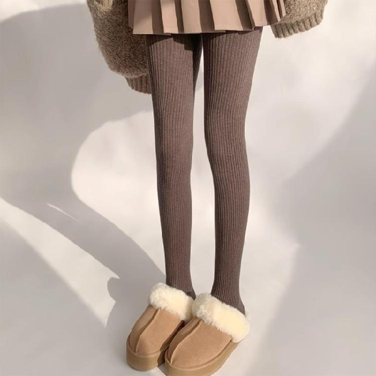Women Solid Color Thicken Cotton Pantyhose Ribbed Knit Striped Sweater Tights