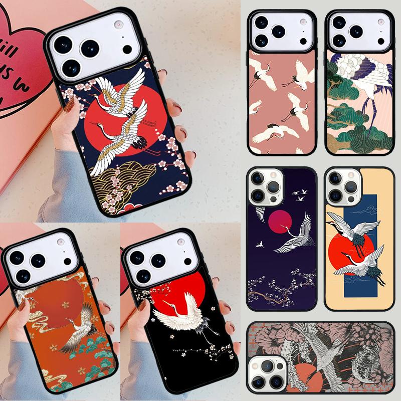 Japanese Style Crane Cherry Phone Case For iPhone 17 Air 14 15 13 12 Max Cover For Apple 14 15 16 16e 11 Pro Max Plus