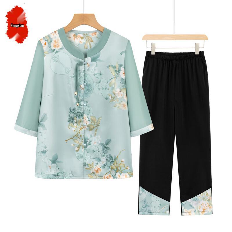 Fengxiao Mid-Aged Women s Floral Print Chinese Style Two-Piece Set 5XL
