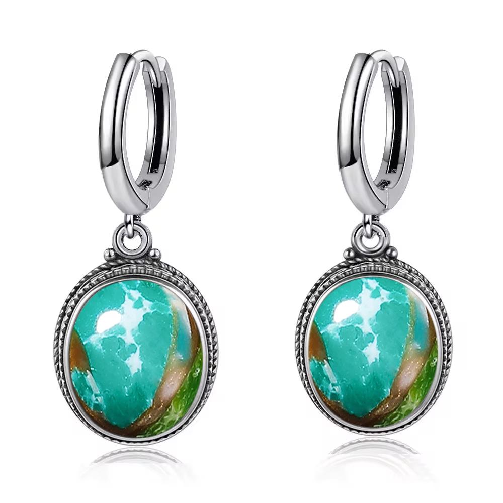 Vintage 925 Silver Natural Labradorite Earrings with Blue Light 10*12mm Big Stone Hoop Earrings Fine Jewelry for Women