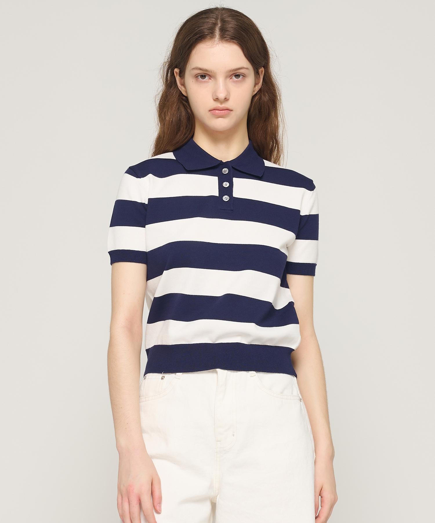 Striped Collar Short Sleeve Knit (Navy) Free