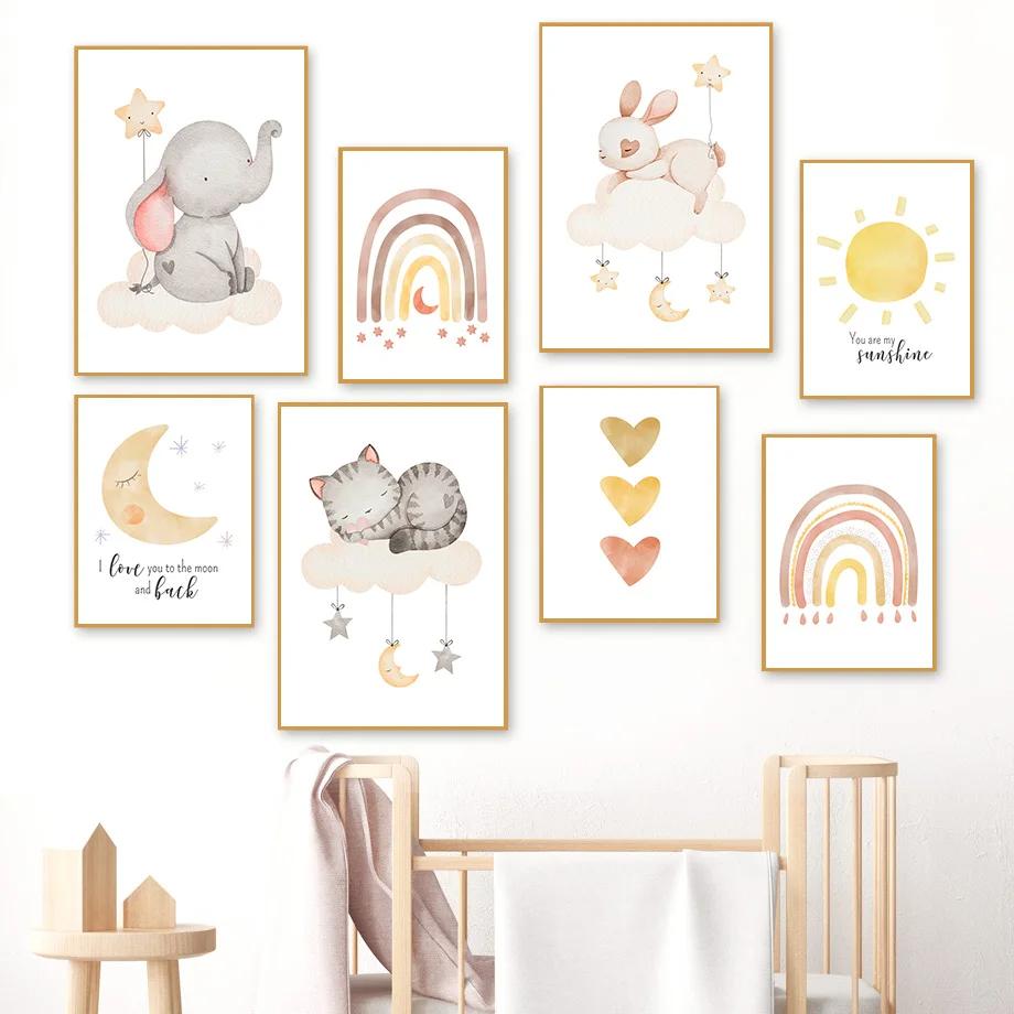 Elephant Rabbit Cat Wall Art Canvas Painting Sun Rainbow Moon Star Cloud Boho Posters And Prints Wall Pictures Kids Room Decor