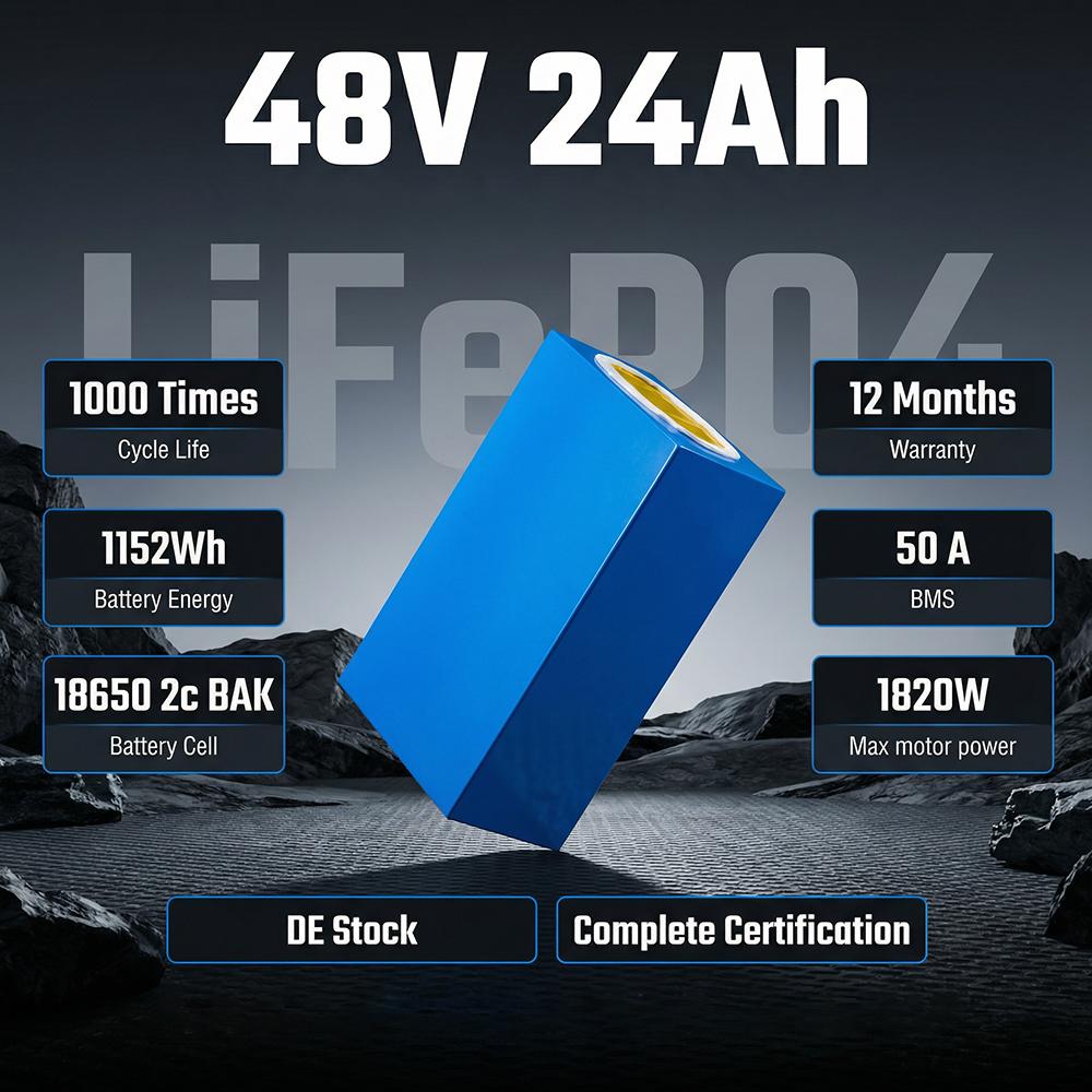 48V E-Bike Battery 24Ah German Stock, 3000mAh 13s8p Lithium Ion Pack with 50A BMS 4A XT60 Fast Charger for Fat Tire MTB