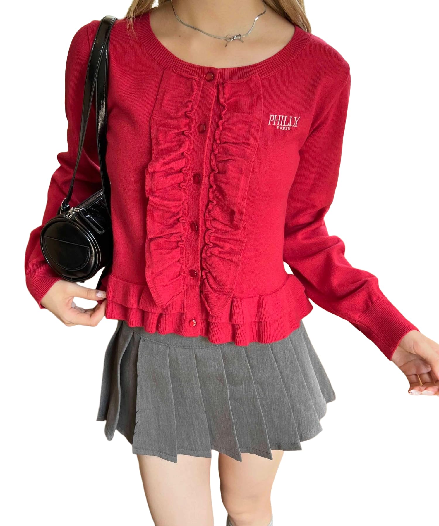 

WEGO PHILLY Ruffle Knit Red Cardigan, Women s,